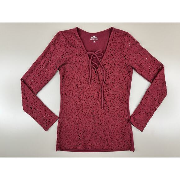 Hollister Y2K Womens Crochet Lace Long Sleeve Top S Burgundy Boho V-Neck Tie - Picture 6 of 12